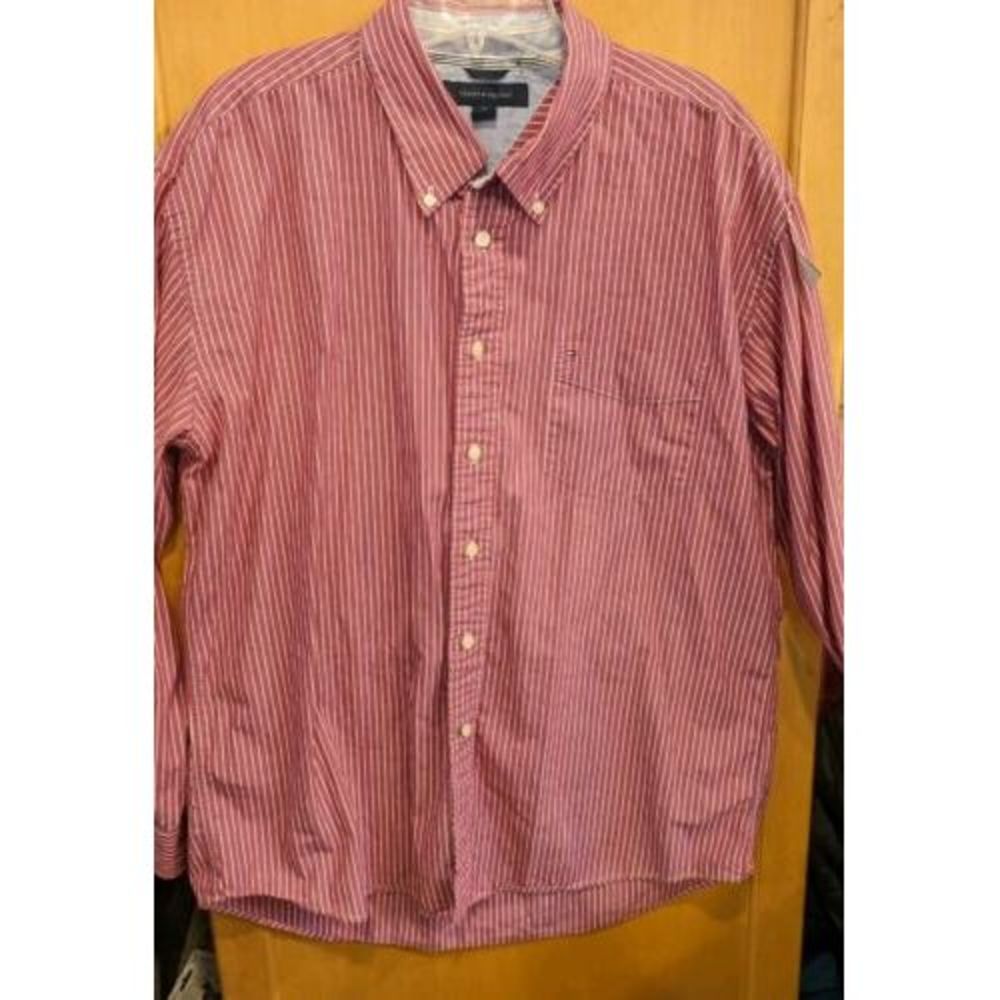 Tommy Hilfiger Red and White Striped Colorful Button Up Dress Shirt Large